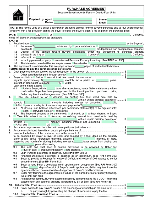 Residential Purchase Agreement (RPI 156) screenshot