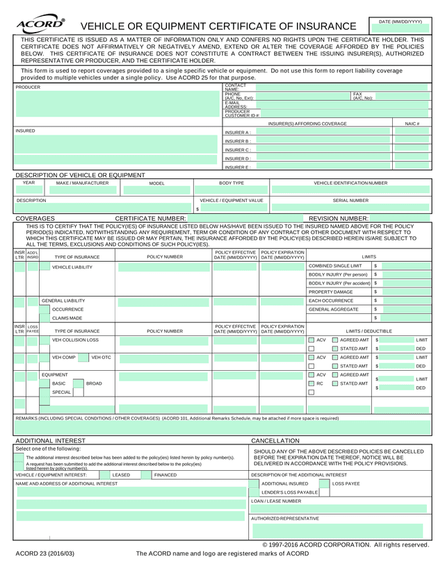 Acord 25 Certificate of Insurance screenshot