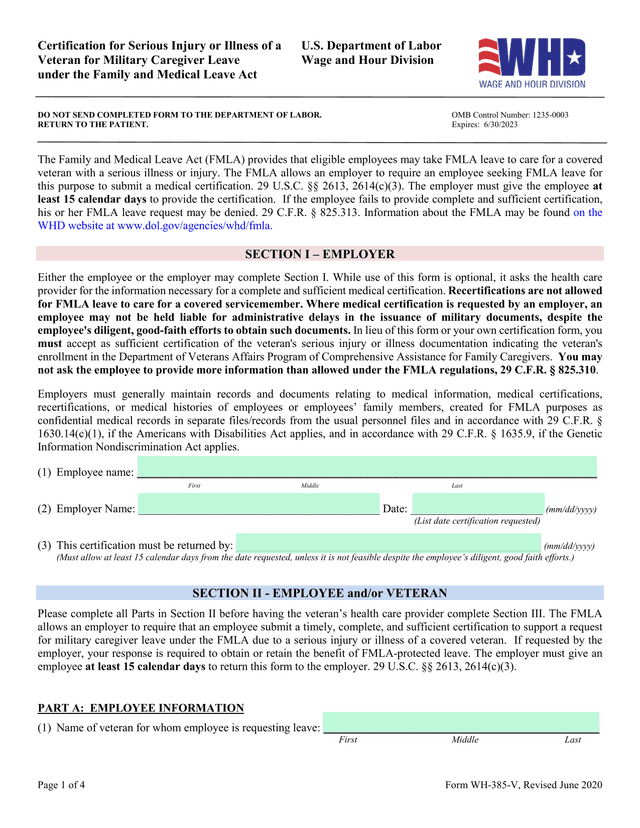 Military Family Leave Qualifying Exigency Certification (WH 384) screenshot