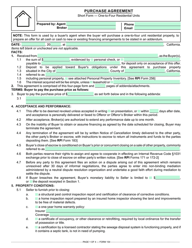Residential Purchase Agreement (RPI 156) screenshot
