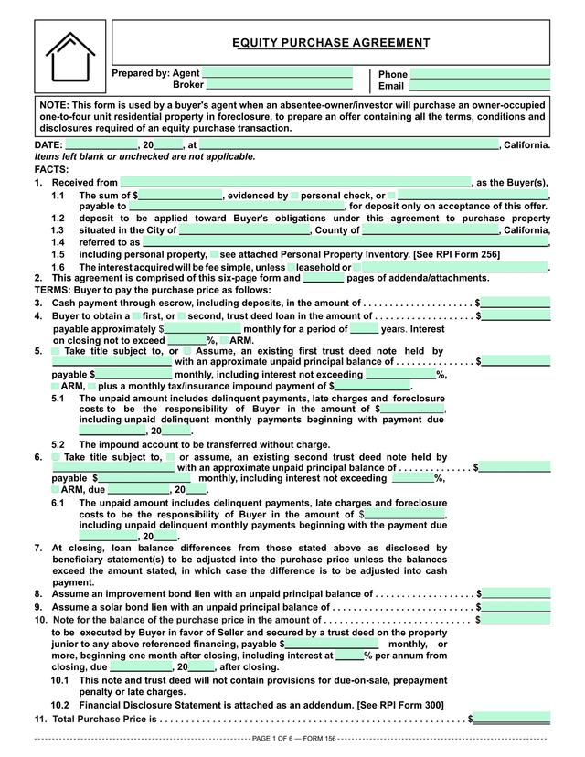 Residential Purchase Agreement (RPI 154) screenshot