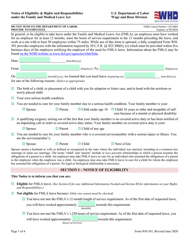 Military Family Leave Qualifying Exigency Certification (WH 384) screenshot