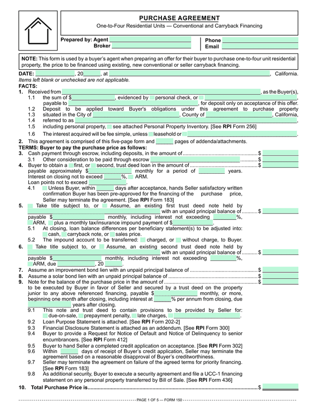 Residential Purchase Agreement (RPI 154) screenshot