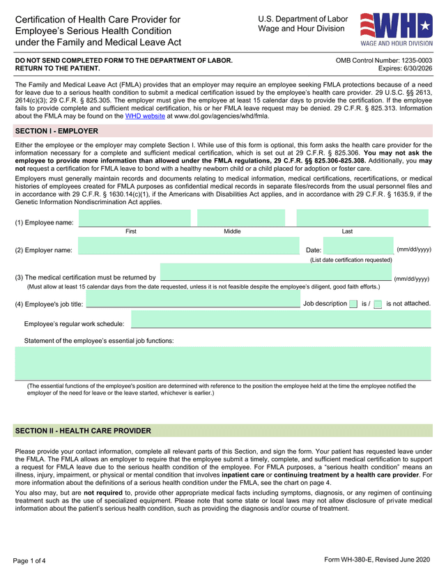 Military Family Leave Qualifying Exigency Certification (WH 384) screenshot