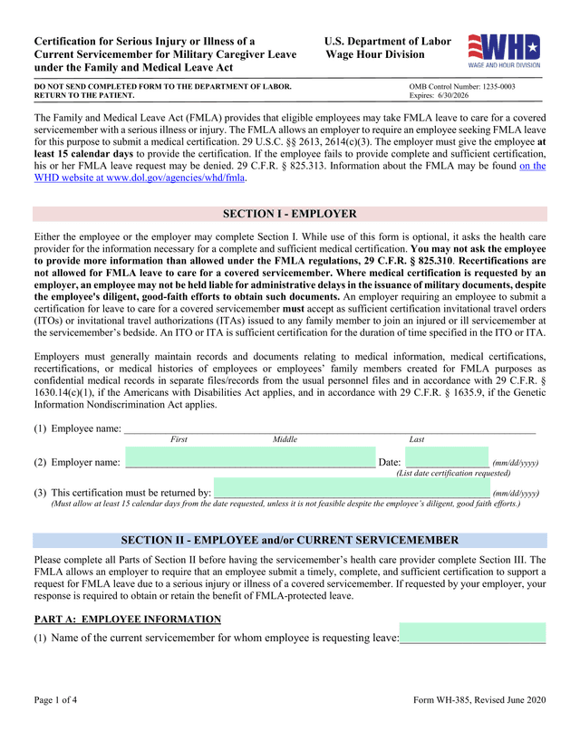 Military Family Leave Qualifying Exigency Certification (WH 384) screenshot