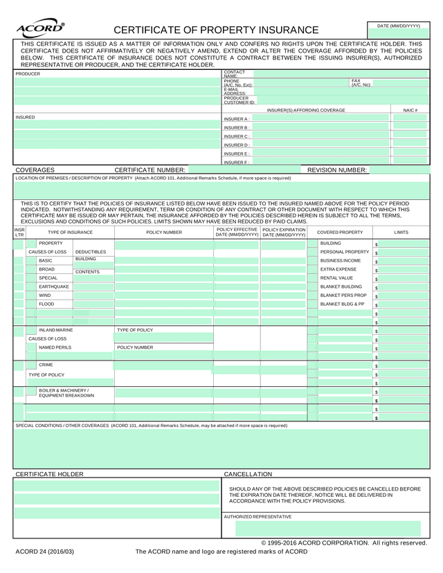 Acord 25 Certificate of Insurance screenshot