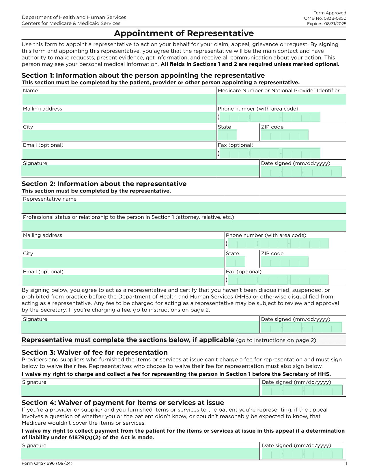 Appointment Of Representative (CMS 1696) screenshot