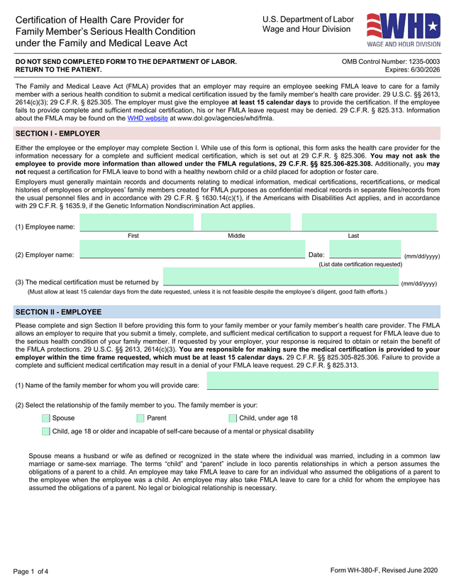 Military Family Leave Qualifying Exigency Certification (WH 384) screenshot