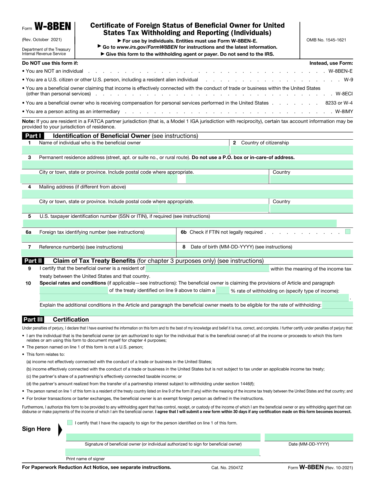 Form W-8 BEN screenshot